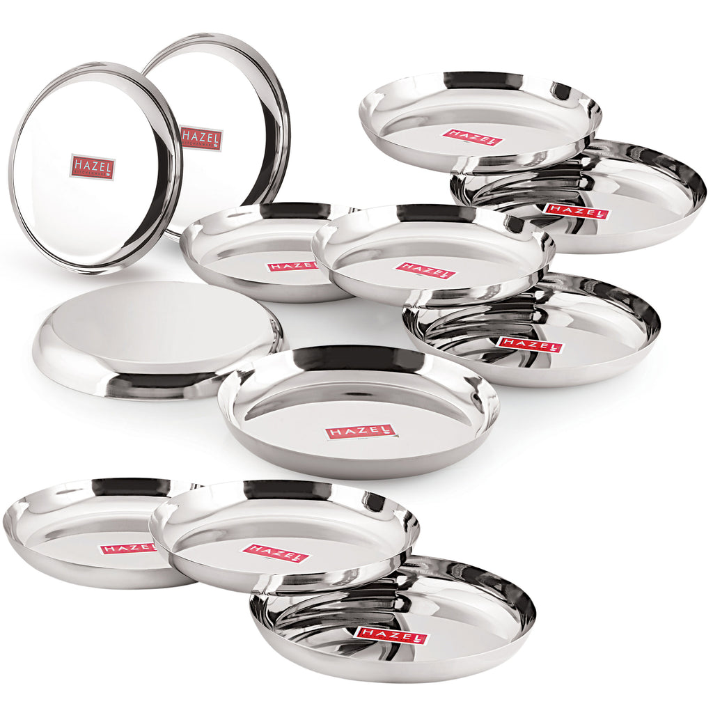 Stainless Steel Dinner Plate Set, Lunch Plates, 25 cm, Set of 12