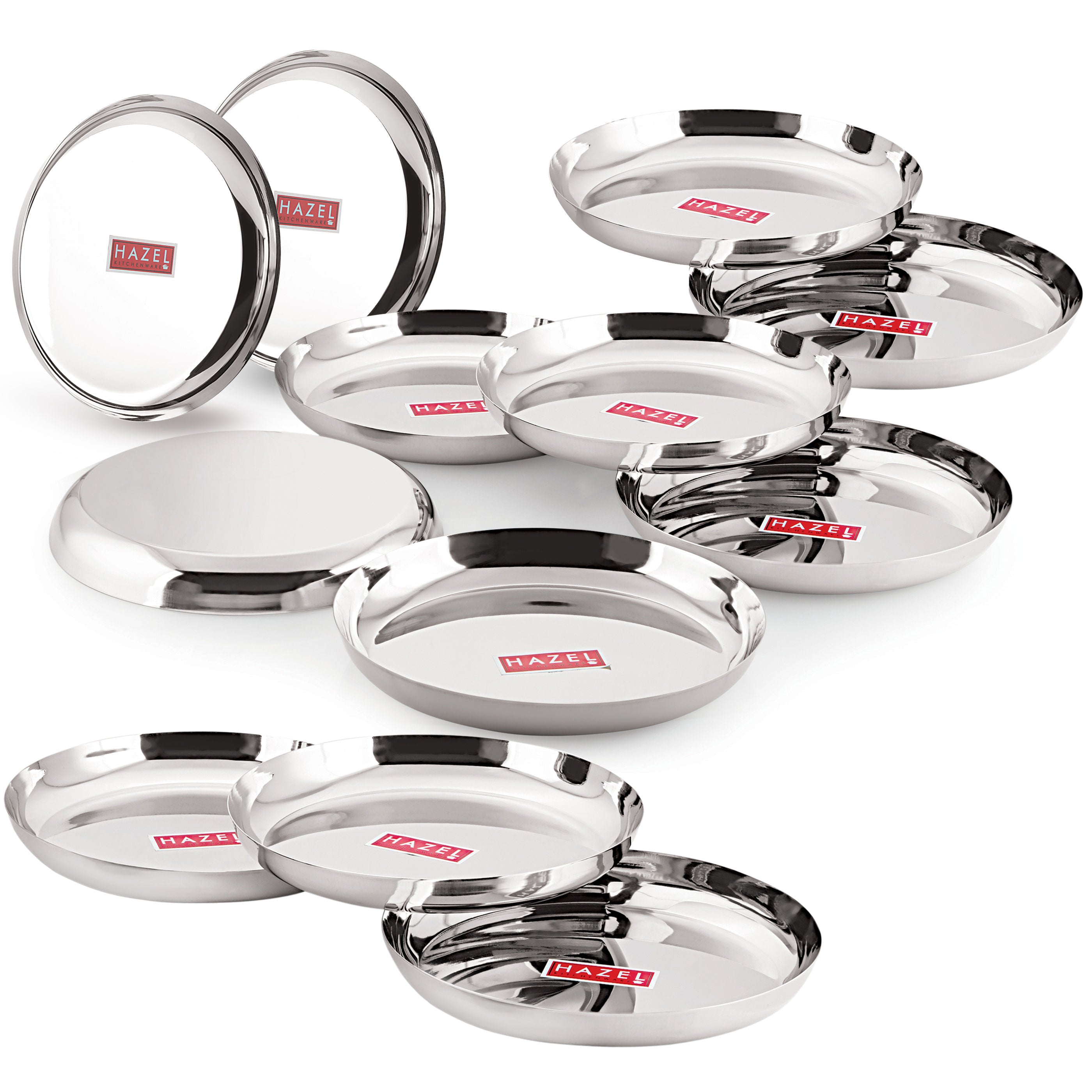 Stainless Steel Dinner Plate Set, Lunch Plates, 25 cm, Set of 12