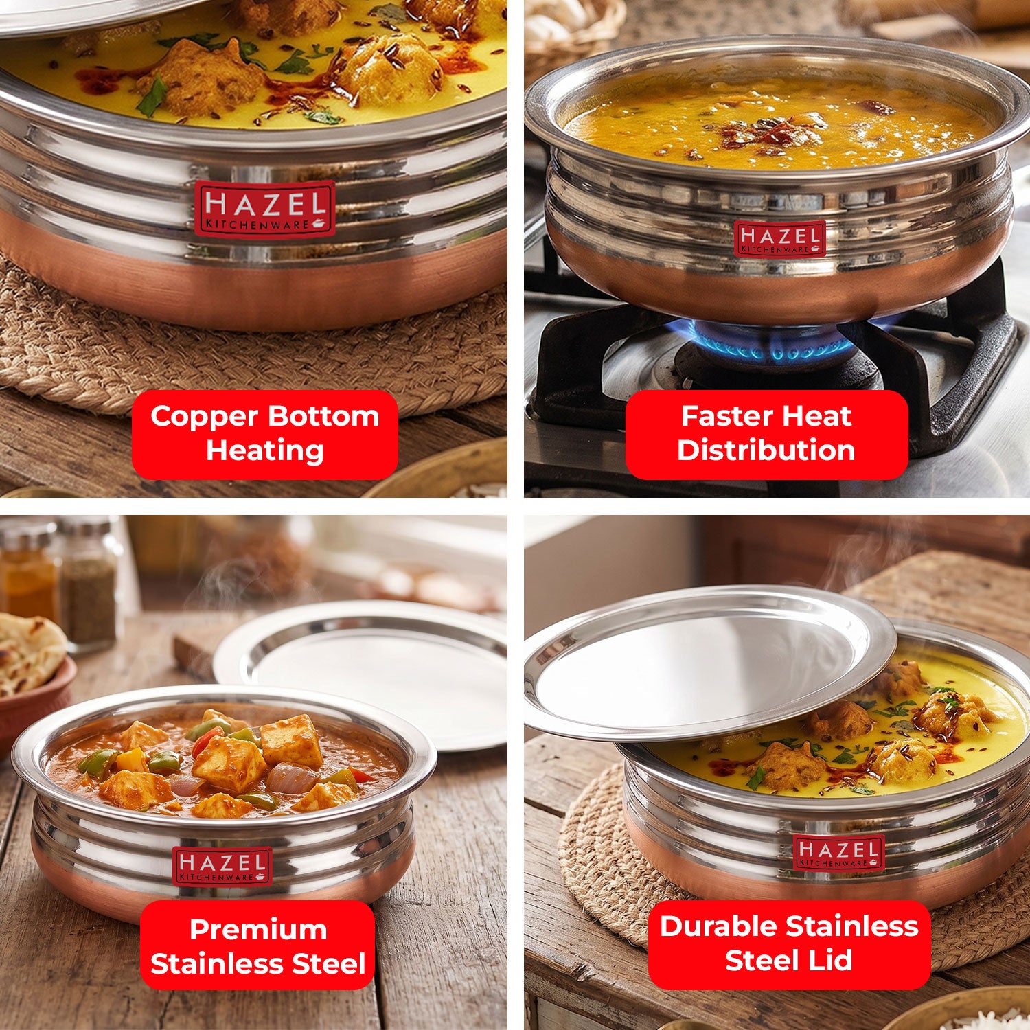 Stainless Steel Copper Bottom Urli Handi with Lid, Durable Cooking Pot