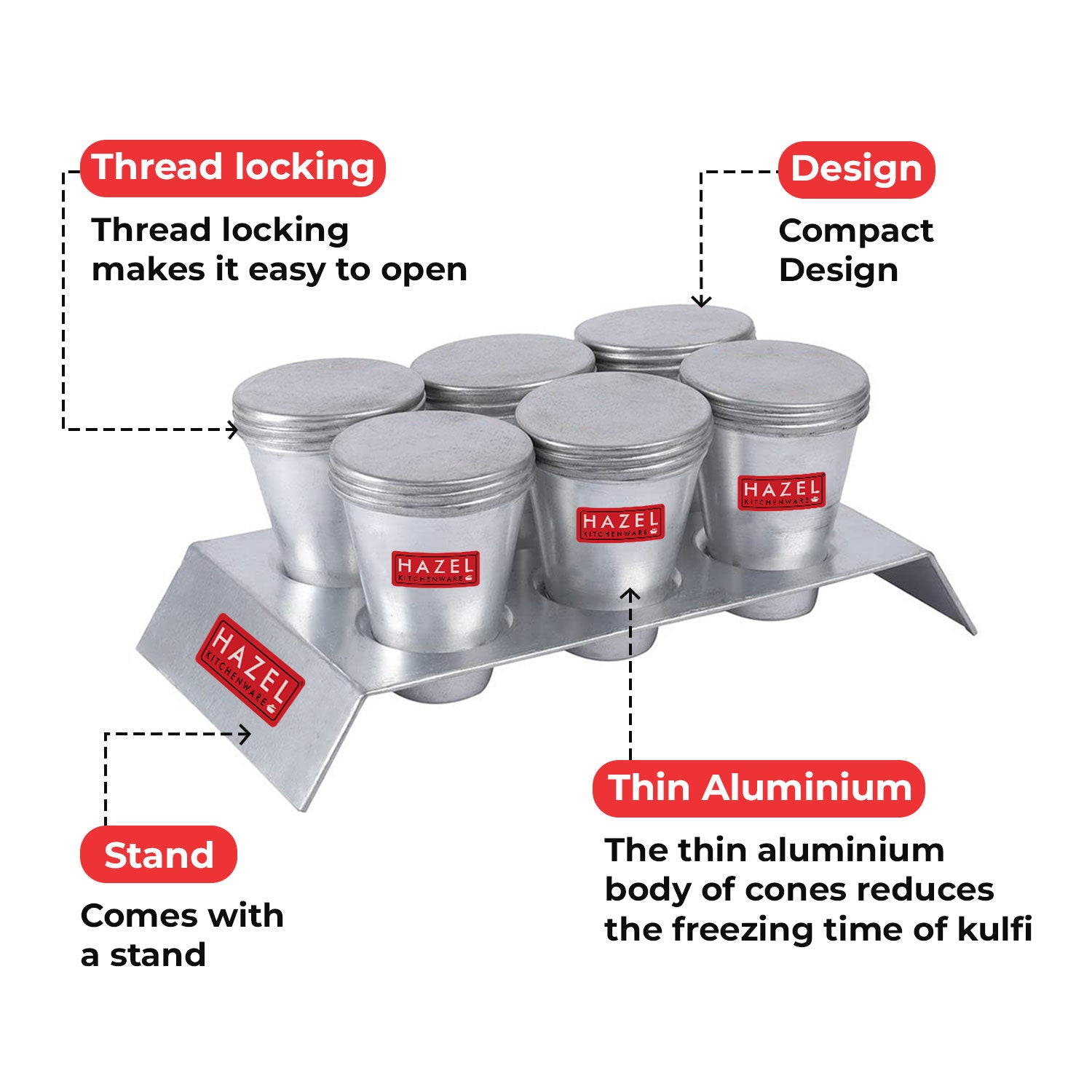 Aluminium Kulfi Mould with Stand, 120 ml, Set of 6