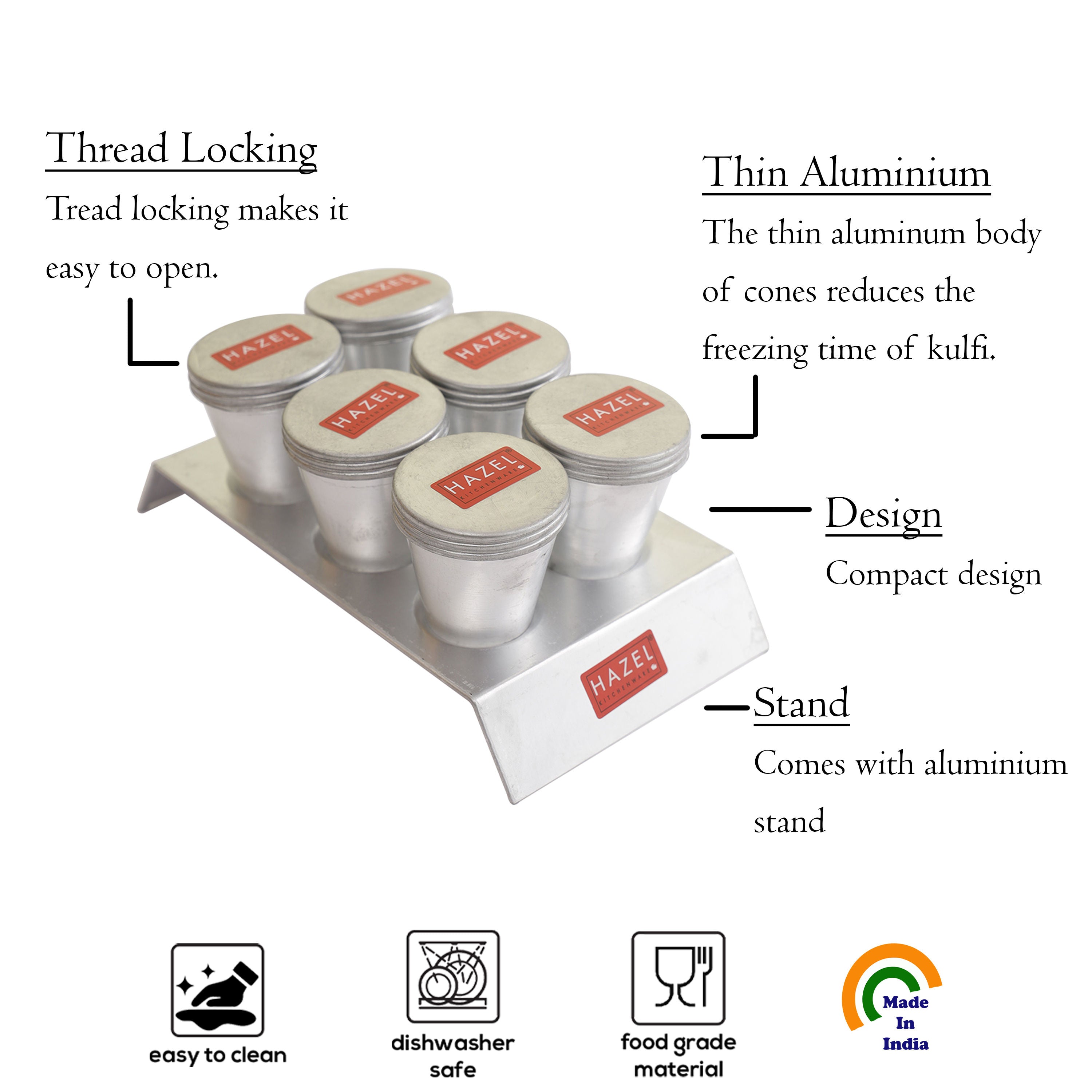 Aluminium Kulfi Mould Set with Stand, Ice Cream Popsicle Maker, Set of 6
