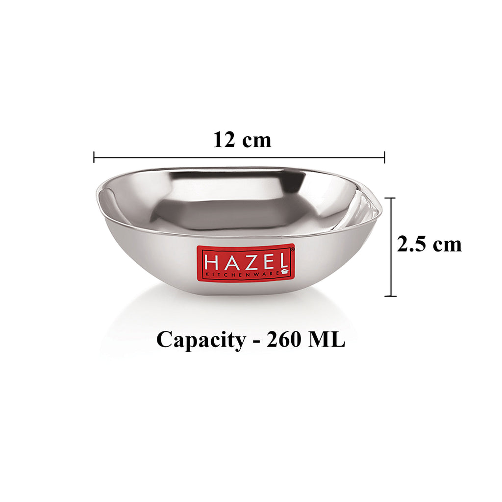 Stainless Steel Square Dessert Plate & Katori Set, 260 ml, Set of 12