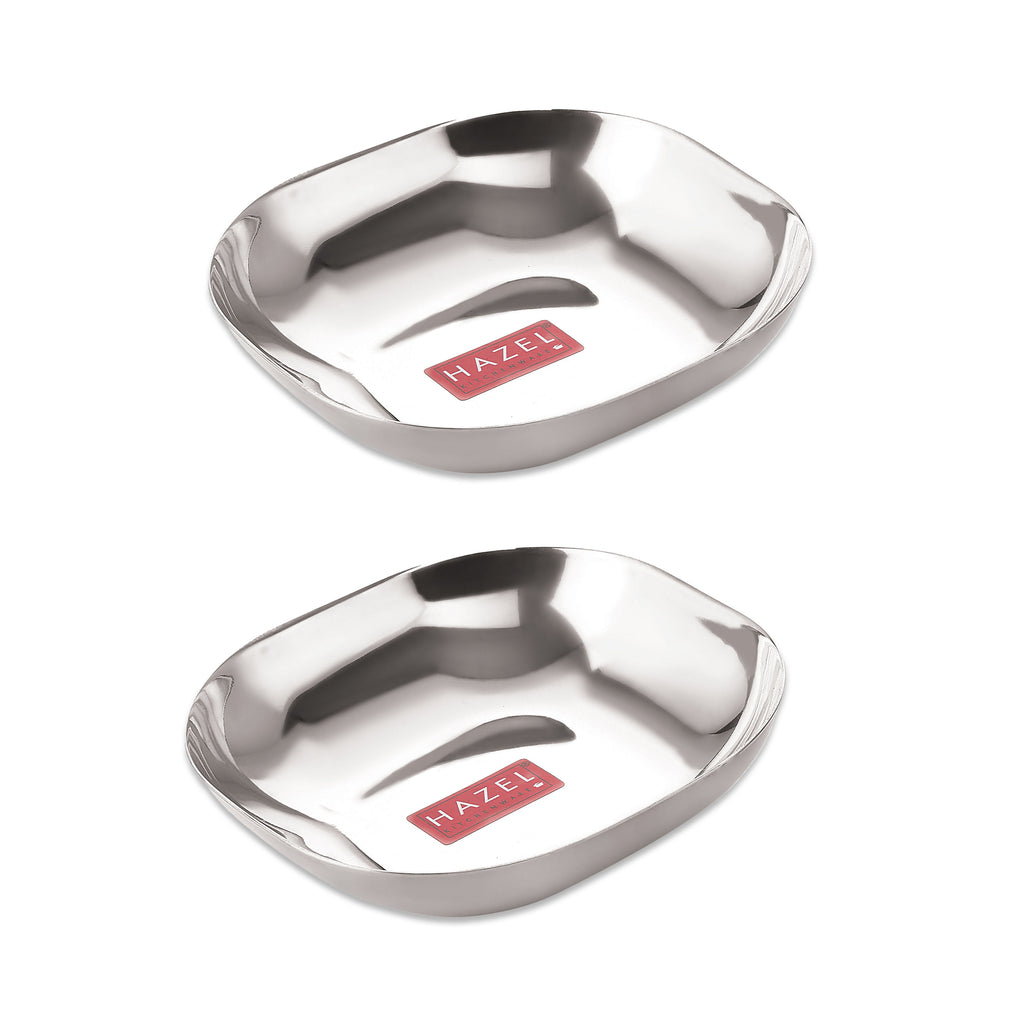 Stainless Steel Square Dessert Plate & Katori Set, 400 ml, Set of 2