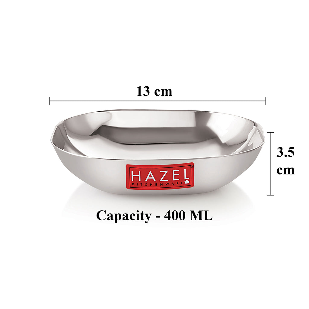 Stainless Steel Square Dessert Plate & Katori Set, 400 ml, Set of 2