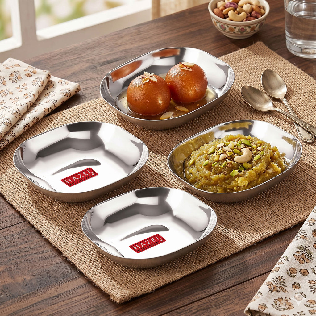 Stainless Steel Dessert Plate , Square Shaped-  Set Of 4 (400 ML each)