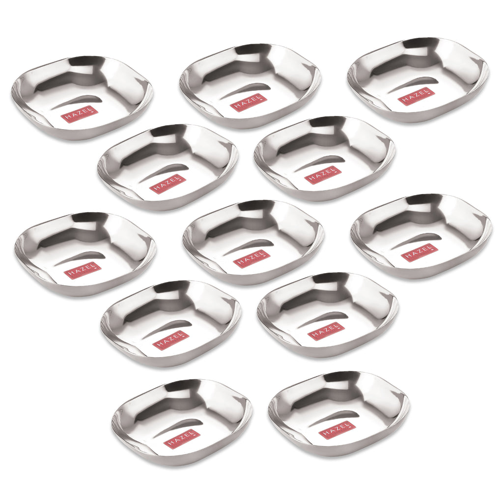 Stainless Steel Square Dessert Plate & Katori Set, 400 ml, Set of 12