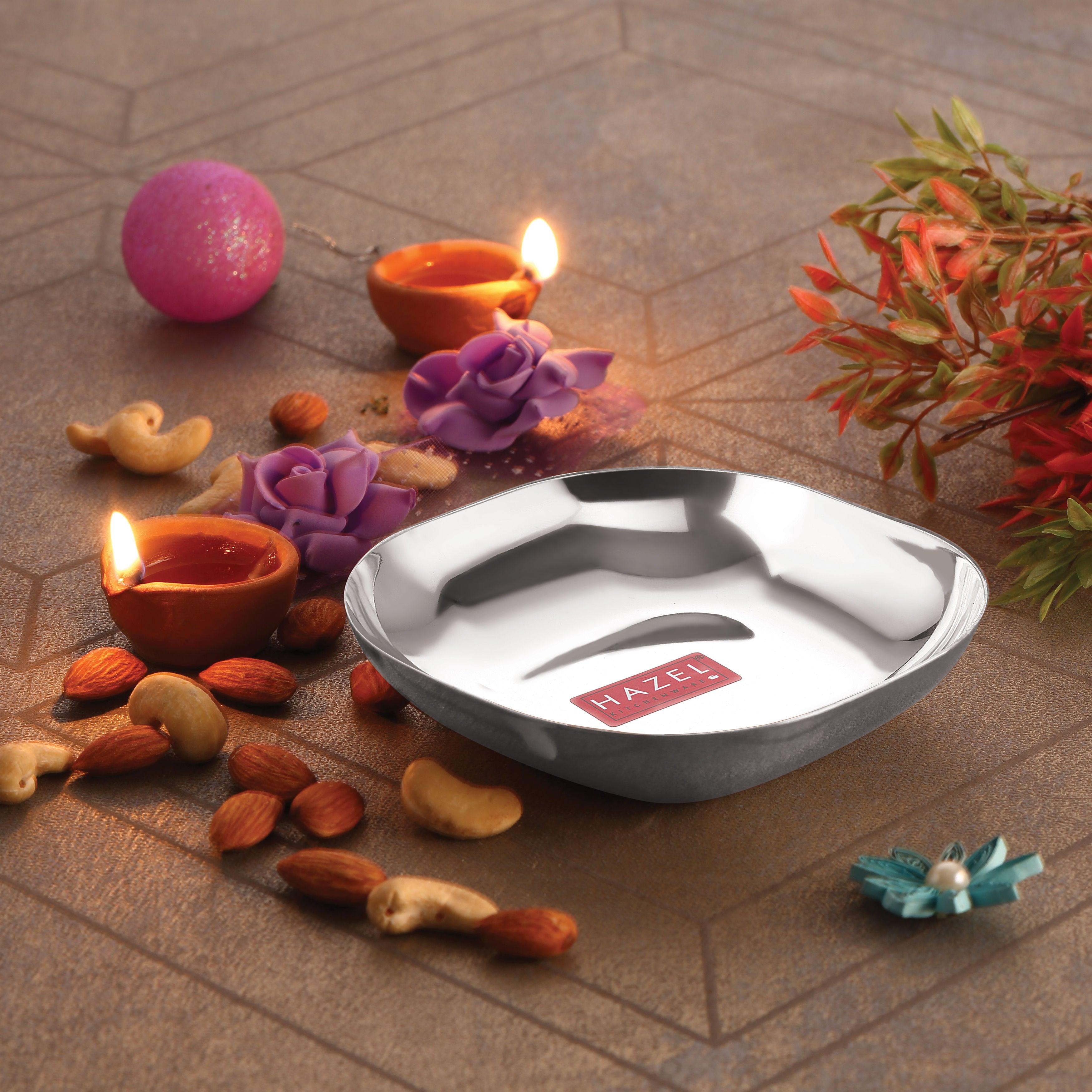 Stainless Steel Square Dessert Plate & Katori Set, 400 ml, Set of 12