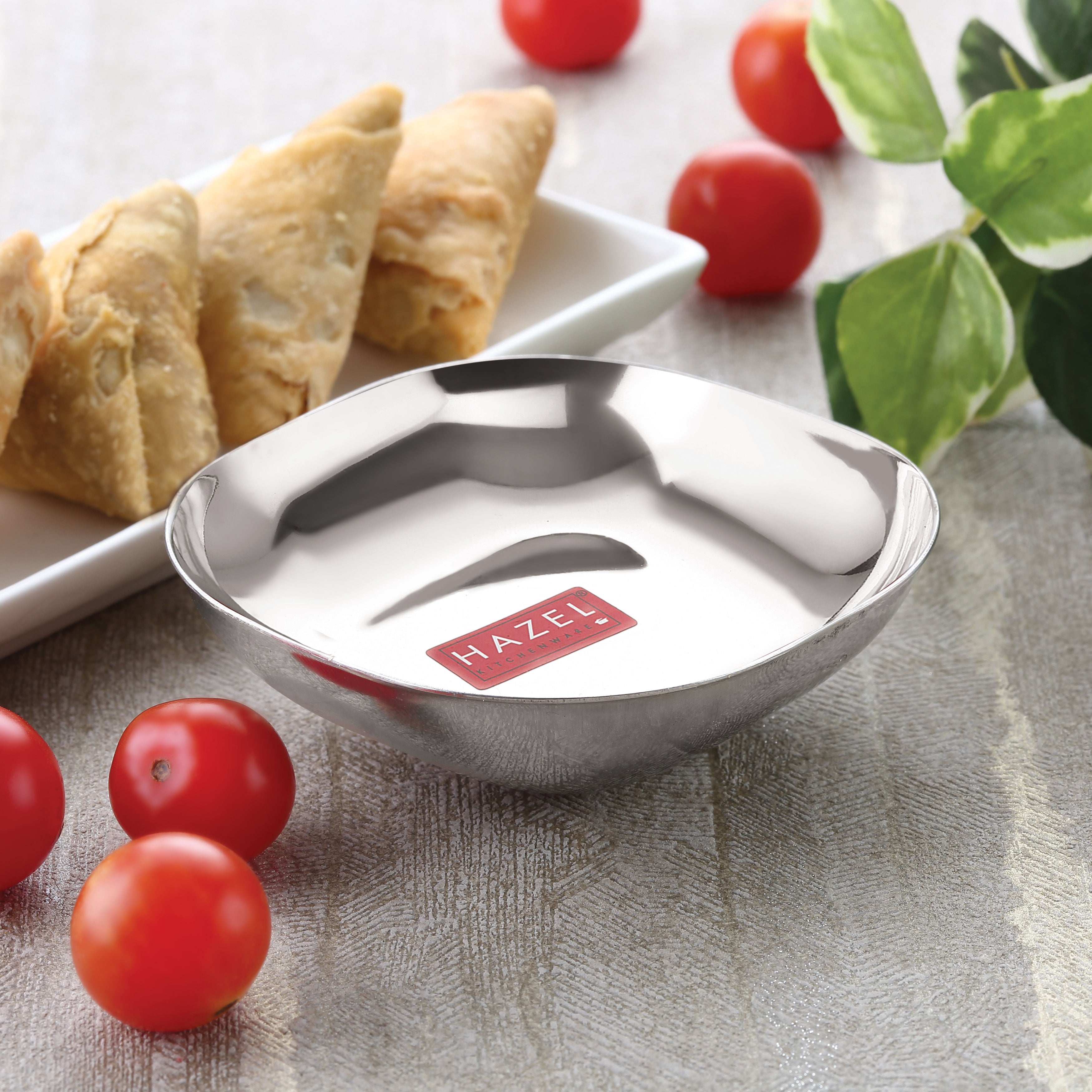 Stainless Steel Square Dessert Plate & Katori Set, 450 ml, Set of 2