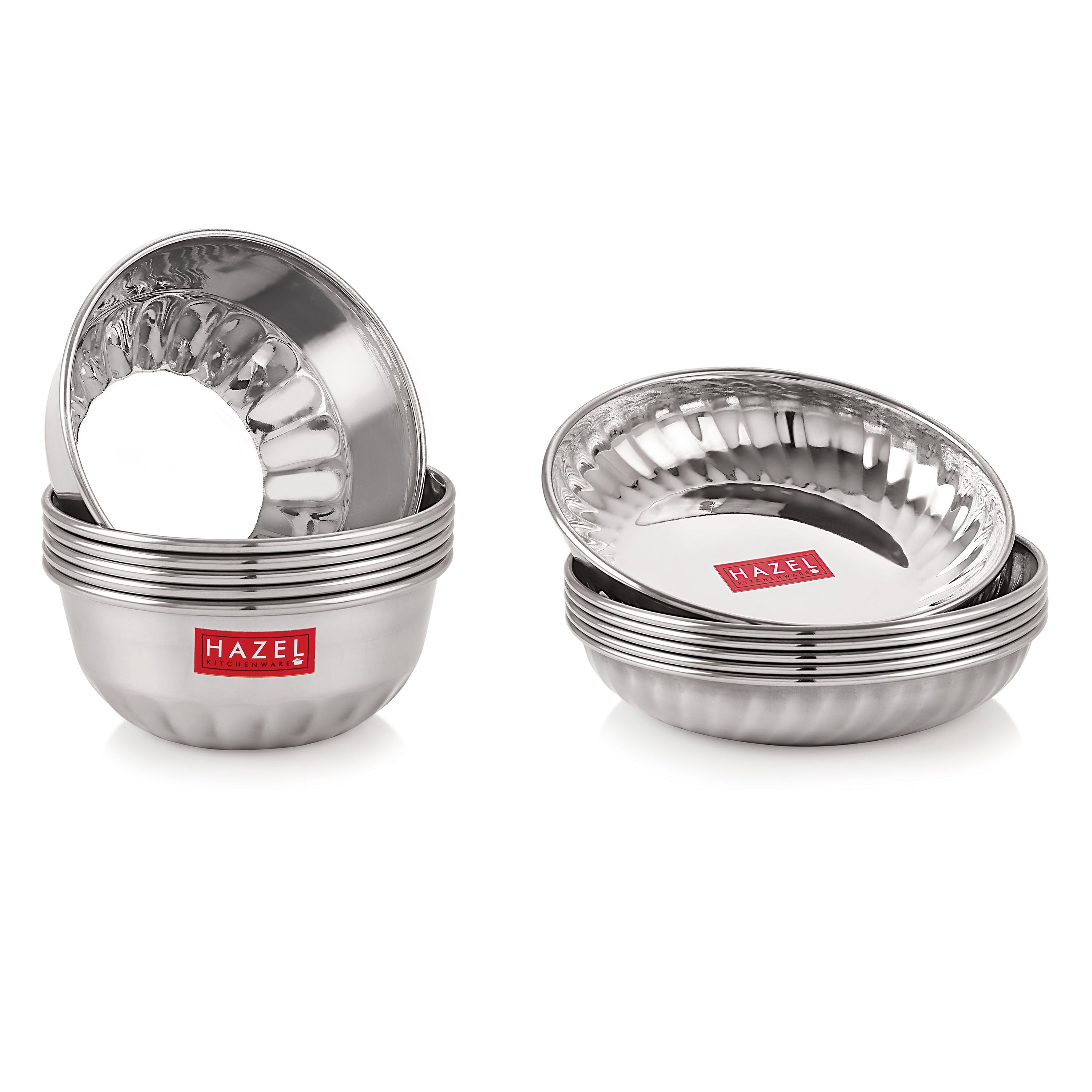 Stainless Steel Plate Bowl Set of 12, Sweet Dish Katori with Plate, Silver