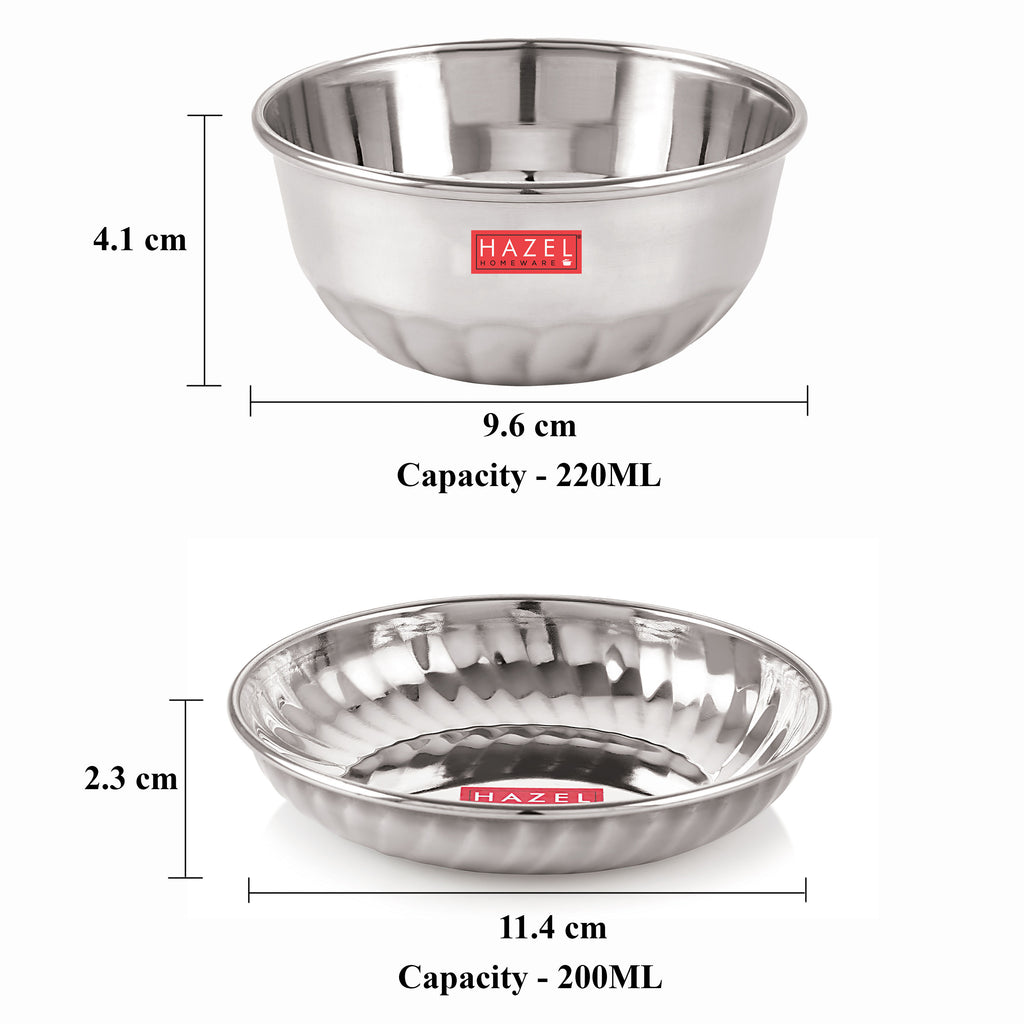 Stainless Steel Plate Bowl Set of 12, Sweet Dish Katori with Plate, Silver