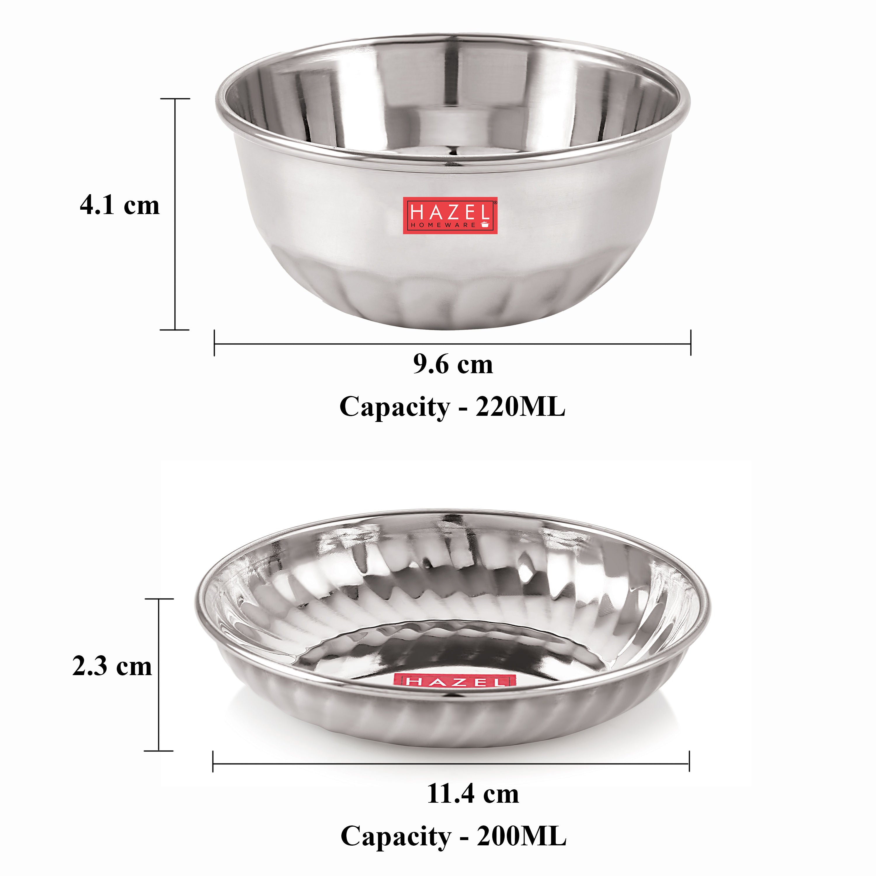 Stainless Steel Plate Bowl Set of 12, Sweet Dish Katori with Plate, Silver