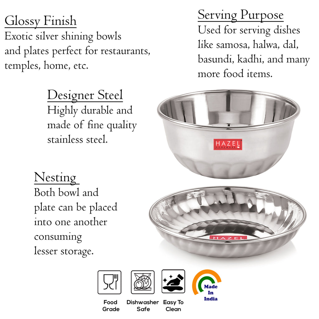 Stainless Steel Bowl Plate Set of 6, Sweet Dish, Katori & Plate, Silver