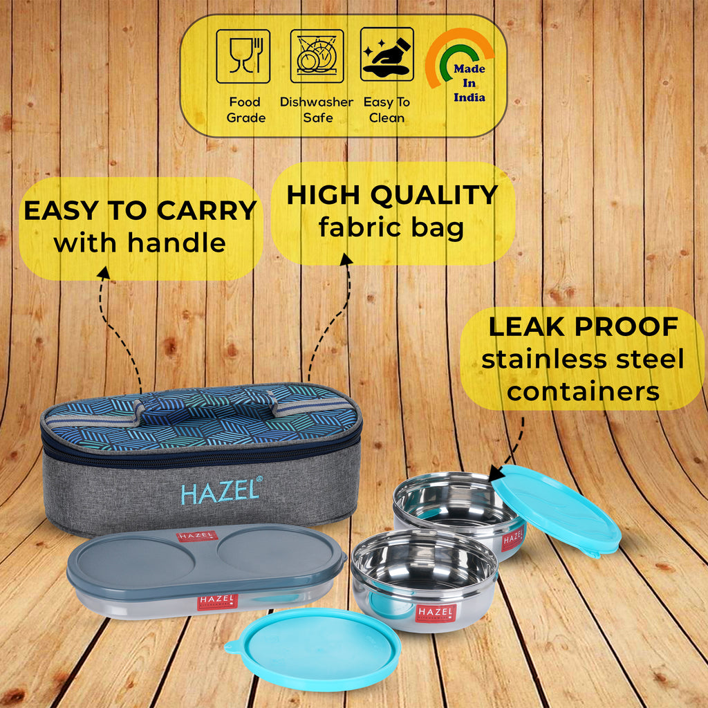 Steel Lunch Box Set, 2 Round 250 ml Tiffin with Roti Dabba & Bag