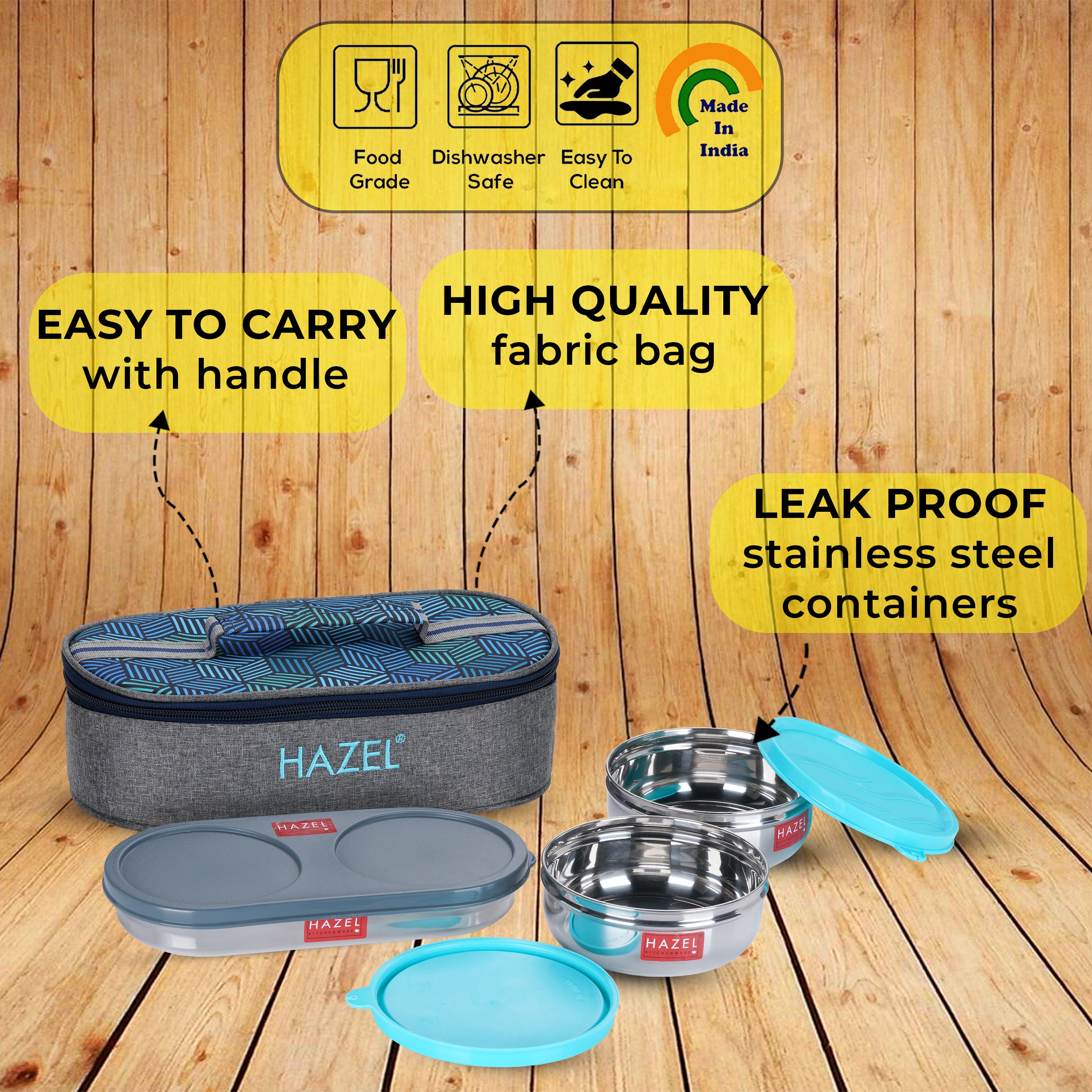 Steel Lunch Box Set, 2 Round 250 ml Tiffin with Roti Dabba & Bag
