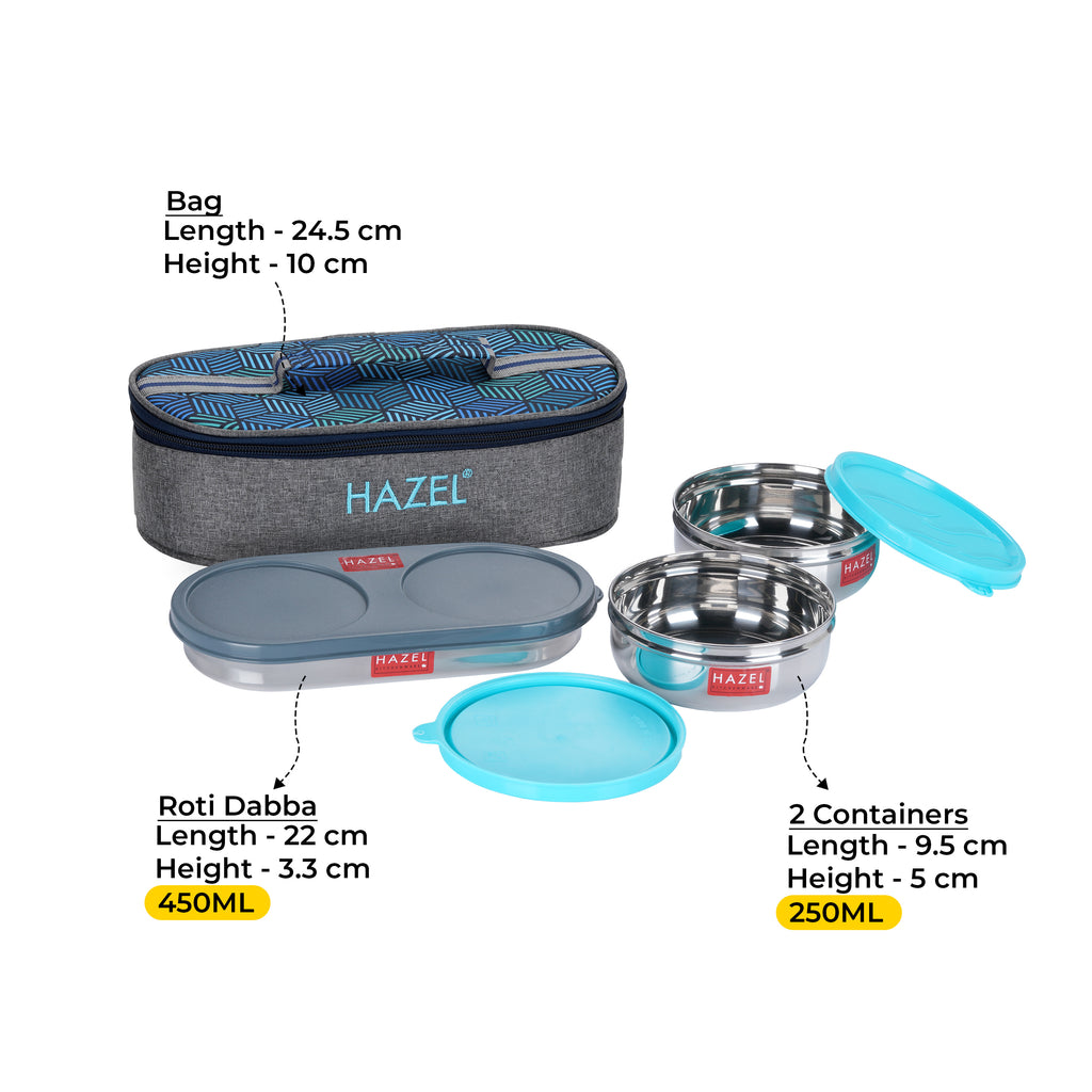 Steel Lunch Box Set, 2 Round 250 ml Tiffin with Roti Dabba & Bag