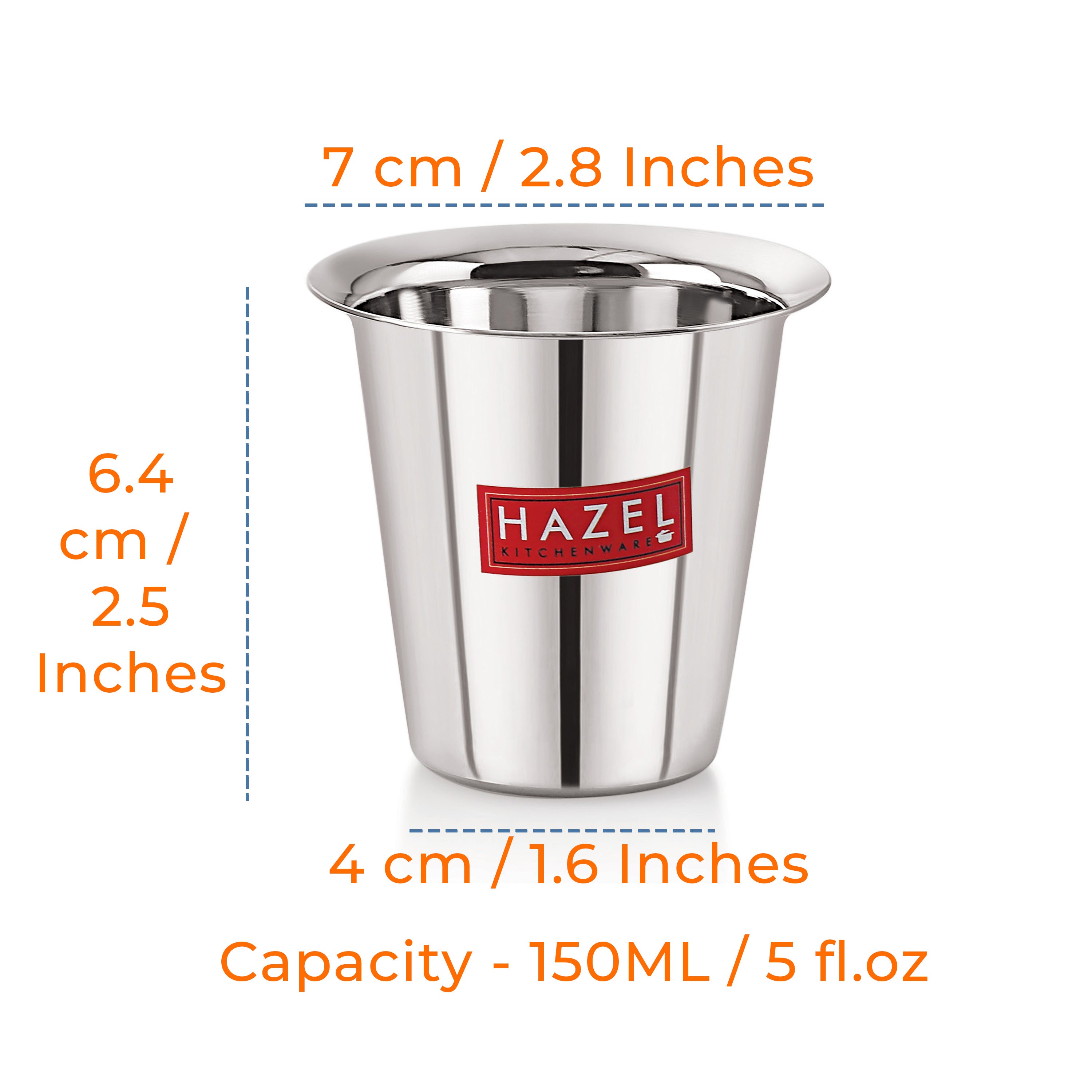Stainless Steel Tea Glasses, Unbreakable Drinking Glasses with Glossy Finish, 150 ml, Set of 6