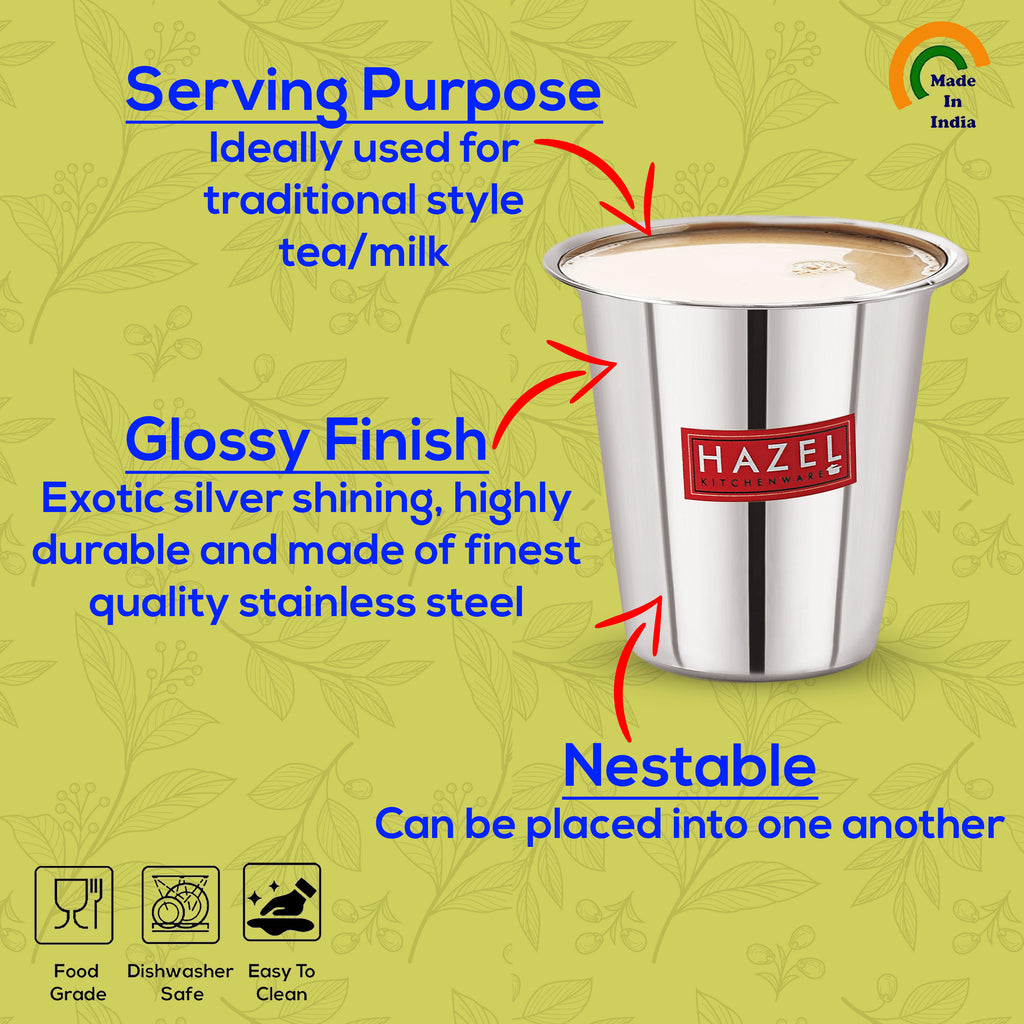 Stainless Steel Tea Glasses, Unbreakable Drinking Glasses with Glossy Finish, 250 ml, Set of 6