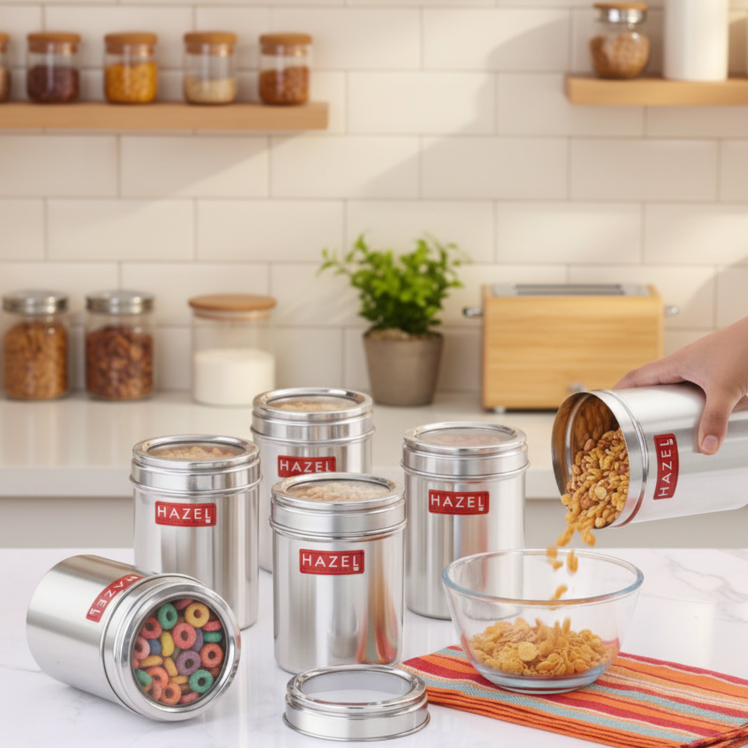 Steel Kitchen Storage Container Set with Transparent Lid, 900 ml, Set of 6