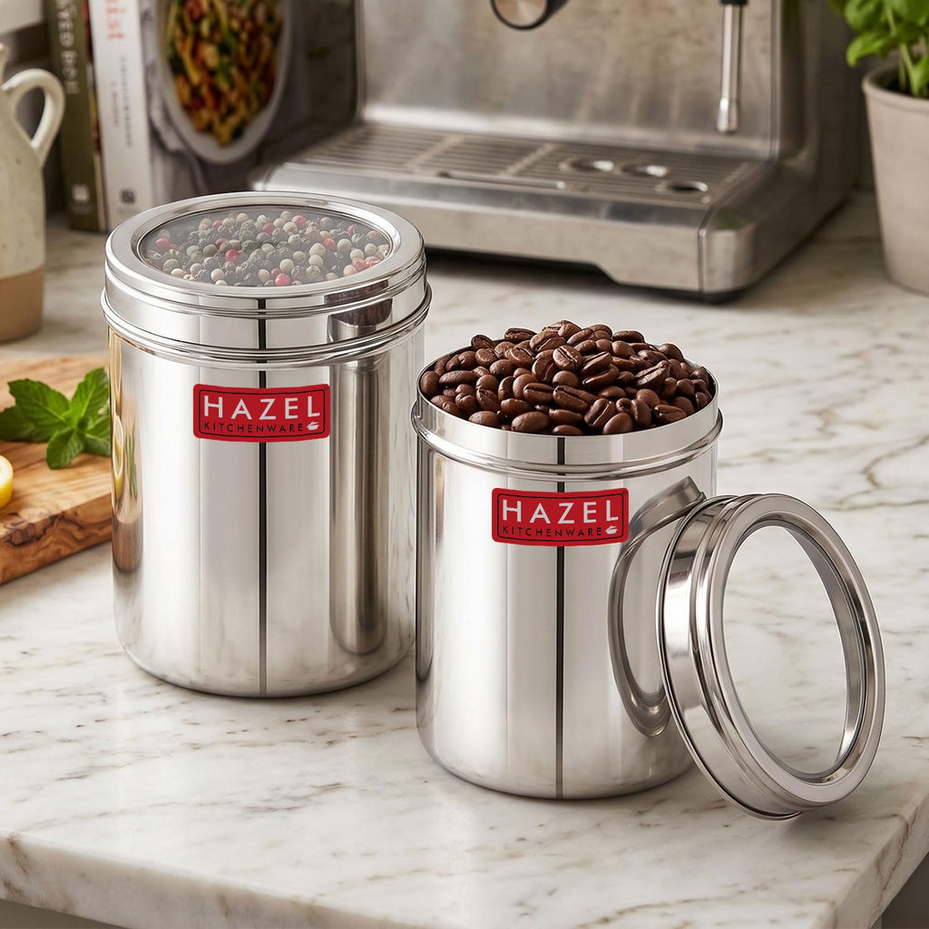 Stainless Steel Kitchen Container Set, Transparent Lid, 1500 ML, Set of 2