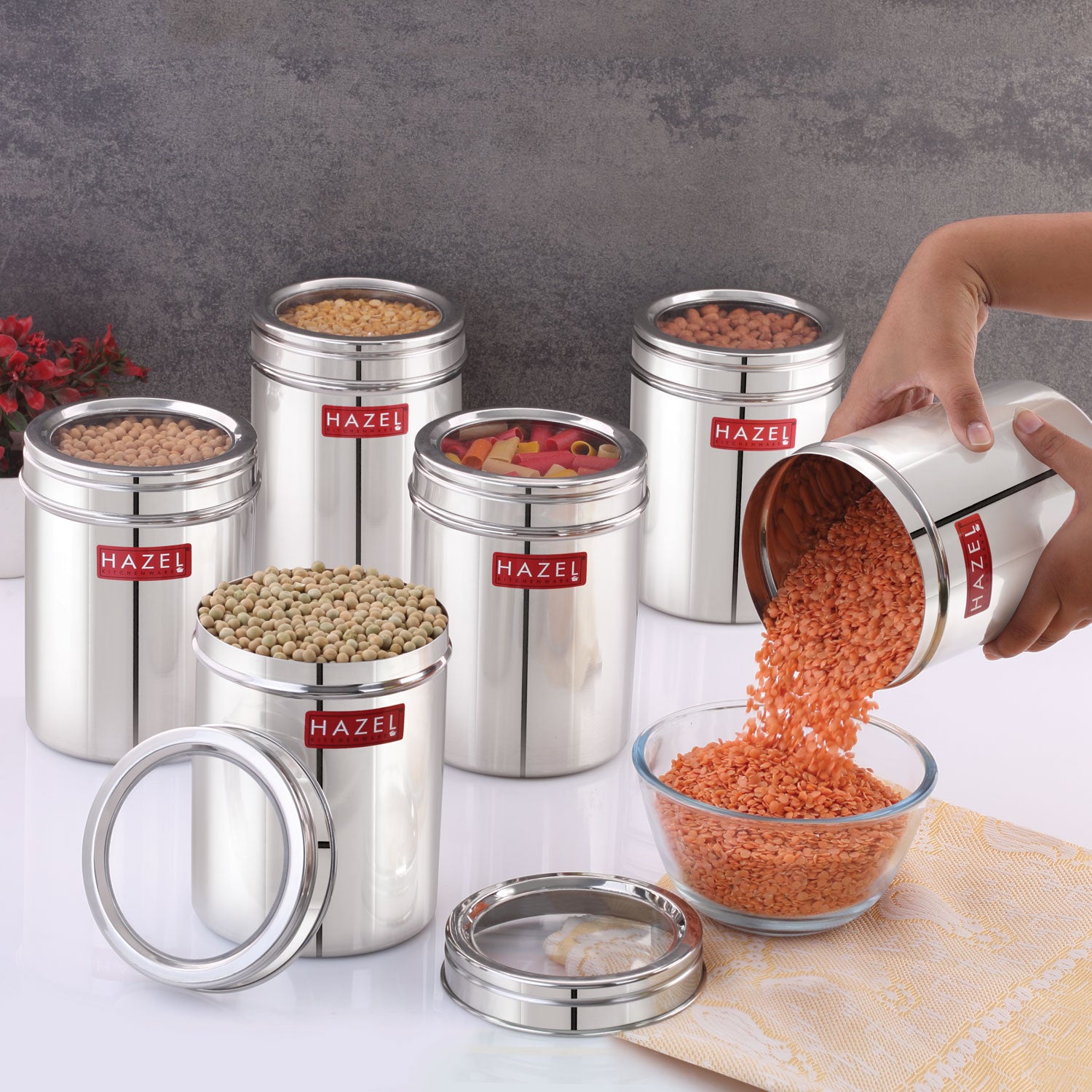 Stainless Steel Kitchen Storage Container Set with See-Through Lid, 1500ml, 6 pcs