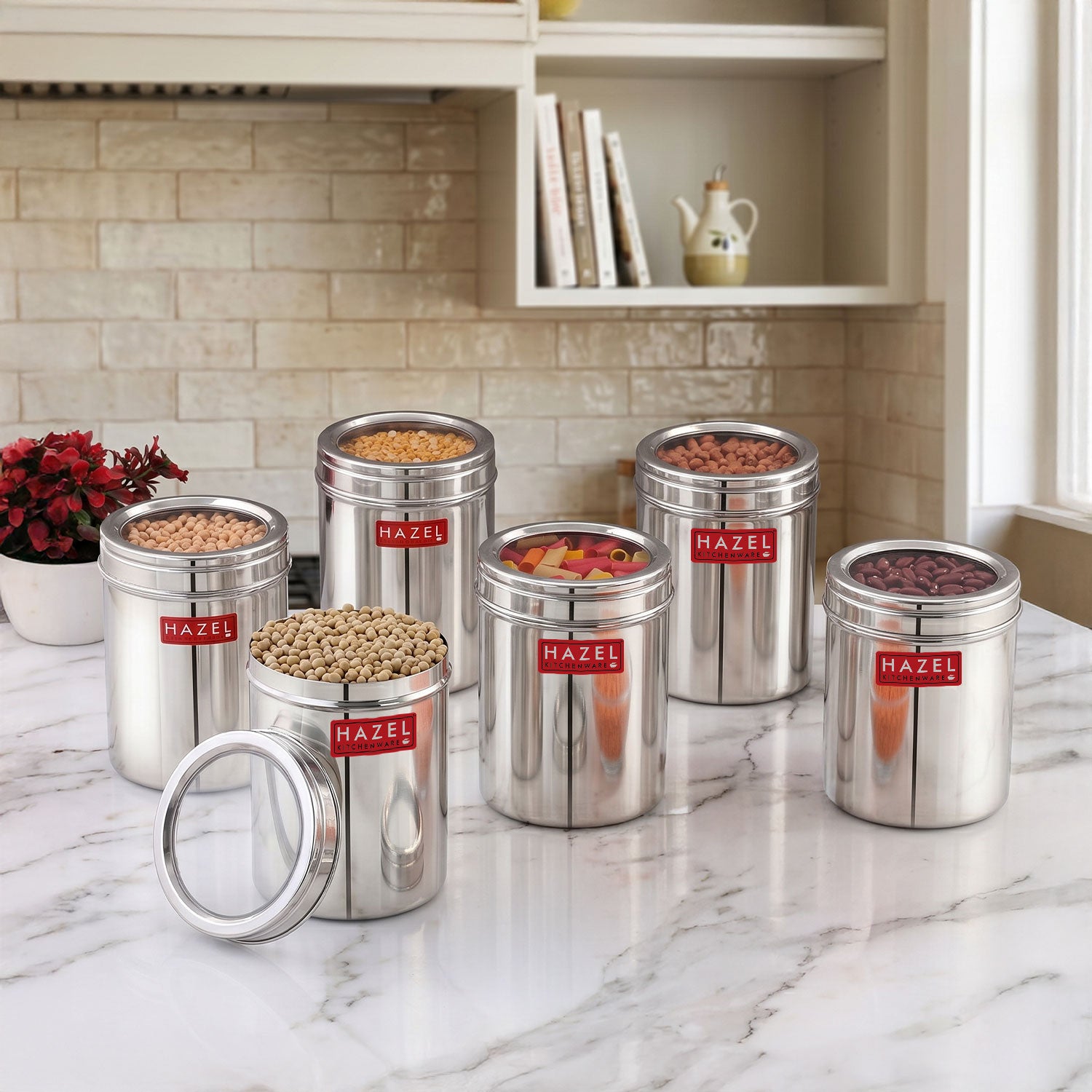 Stainless Steel Kitchen Storage Container Set with See-Through Lid, 1500ml, 6 pcs