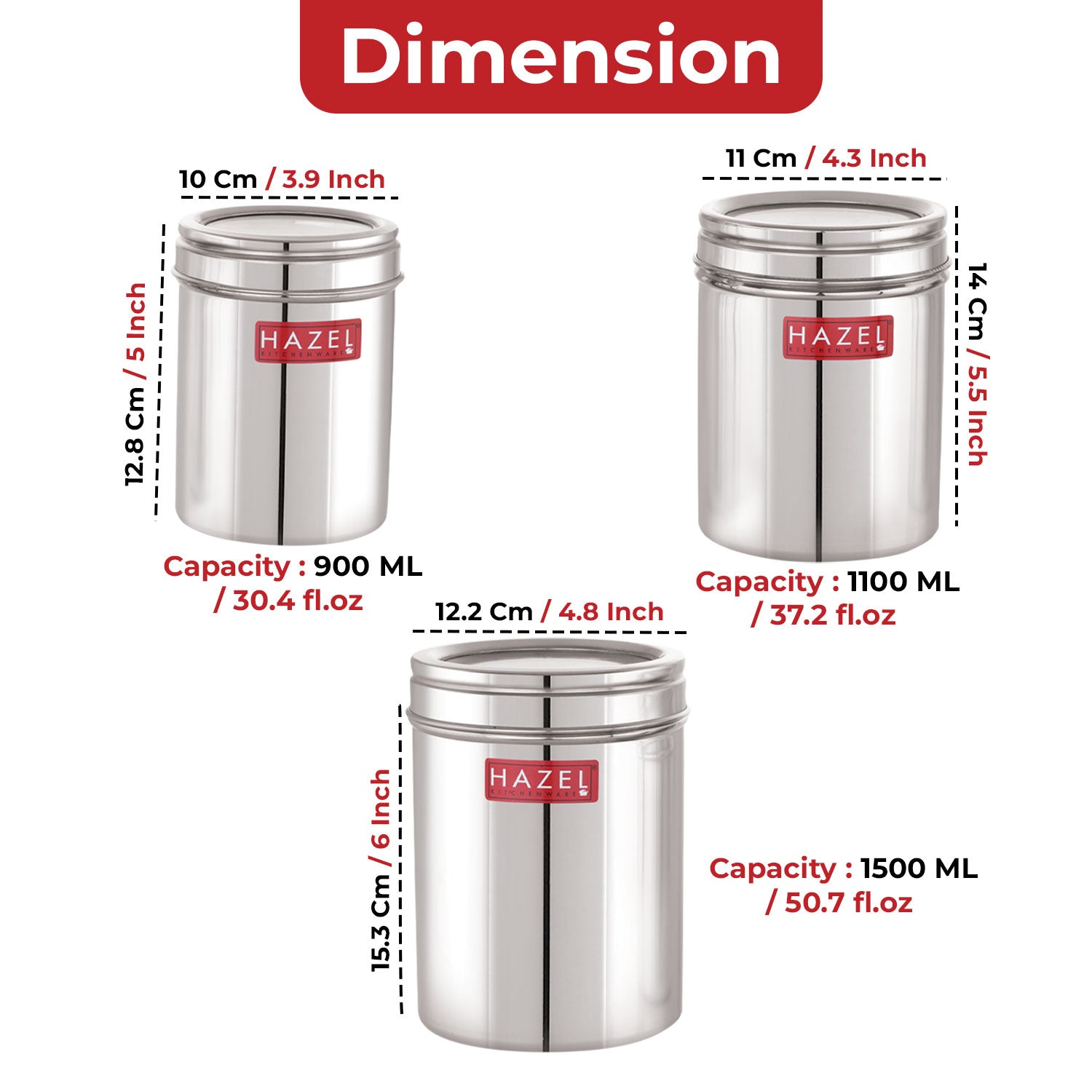 Steel Kitchen Container Set with Transparent Lid, 700, 1100 & 1600 ml, Set of 3