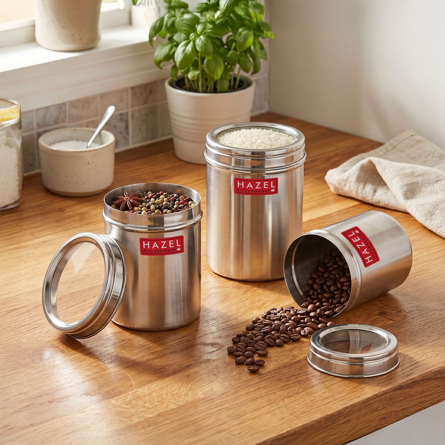 Steel Kitchen Container Set with Transparent Lid, 700, 1100 & 1600 ml, Set of 3