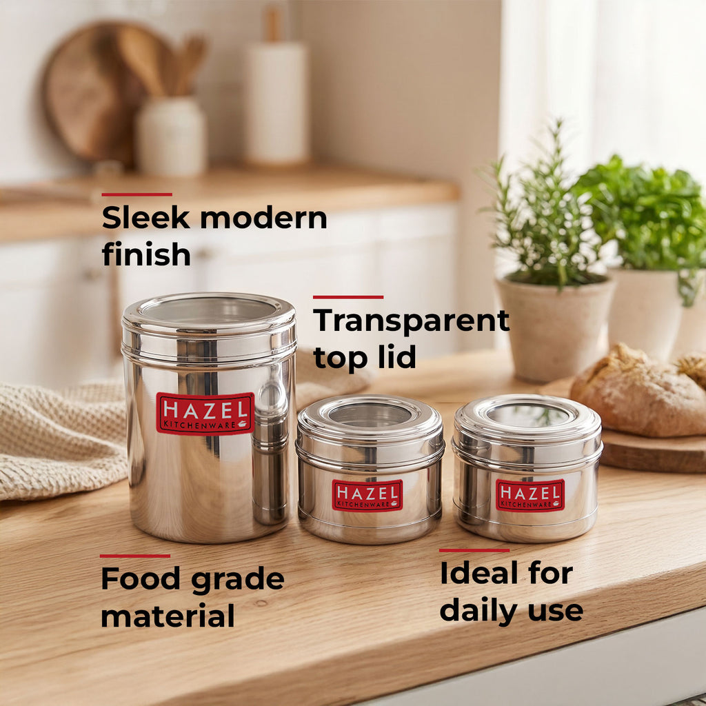 Stainless Steel Kitchen Containers Set of 3, Airtight Masala Box