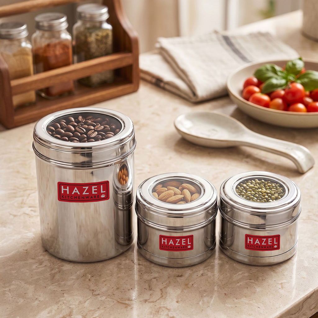 Stainless Steel Kitchen Containers Set of 3, Airtight Masala Box