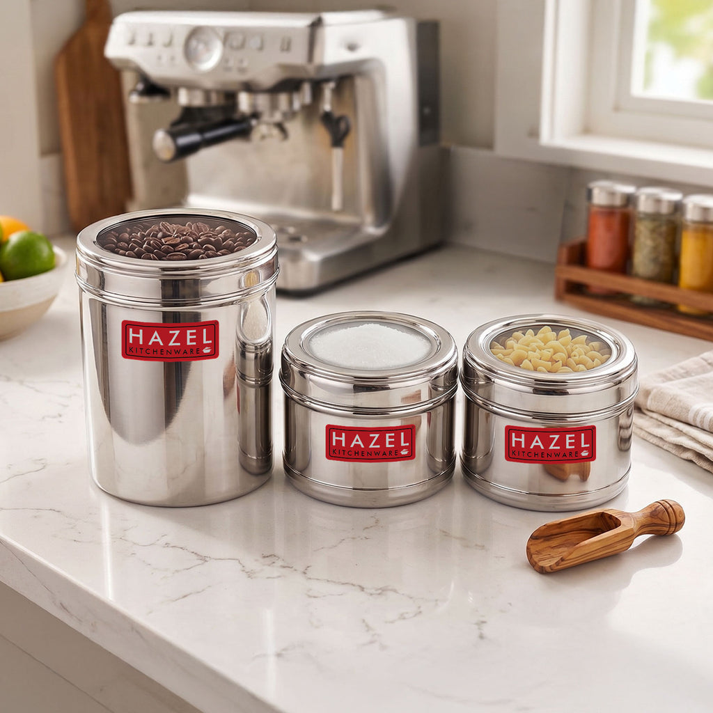 Stainless Steel Masala Container Set of 3, Airtight See-Through Lids