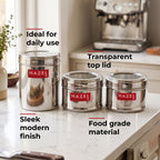 Stainless Steel Masala Container Set of 3, Airtight See-Through Lids