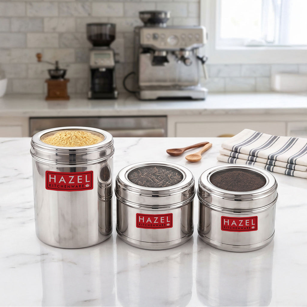 Stainless Steel Masala Container Set of 3, Airtight See-Through Lids