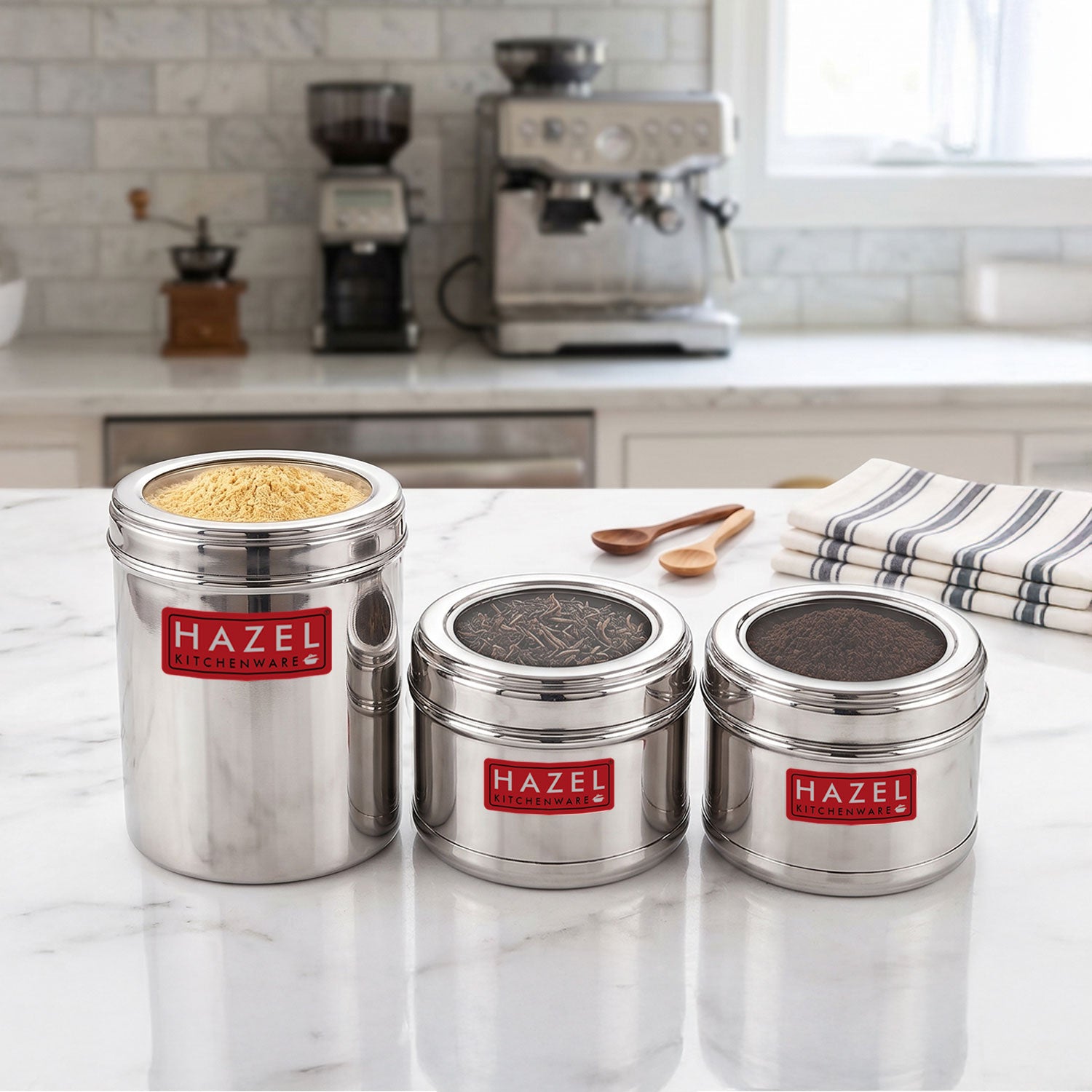 Stainless Steel Masala Container Set of 3, Airtight See-Through Lids