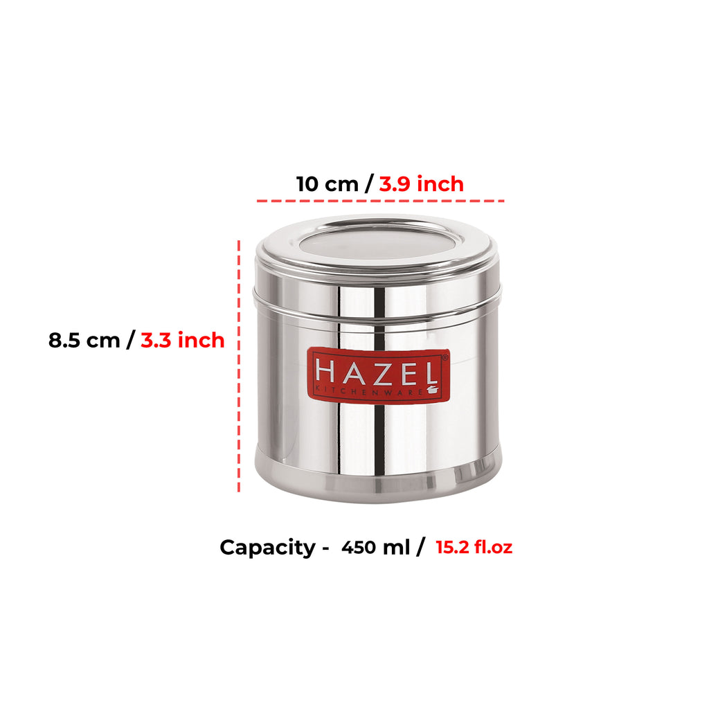 Stainless Steel Masala Box with Airtight Transparent Lid, 450 ml - Set of 2