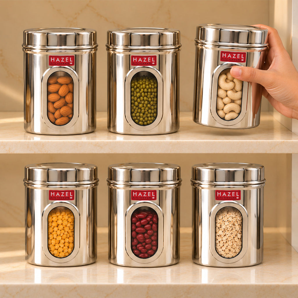 Stainless Steel Transparent Airtight Containers, Set of 6 - 900 ML Each