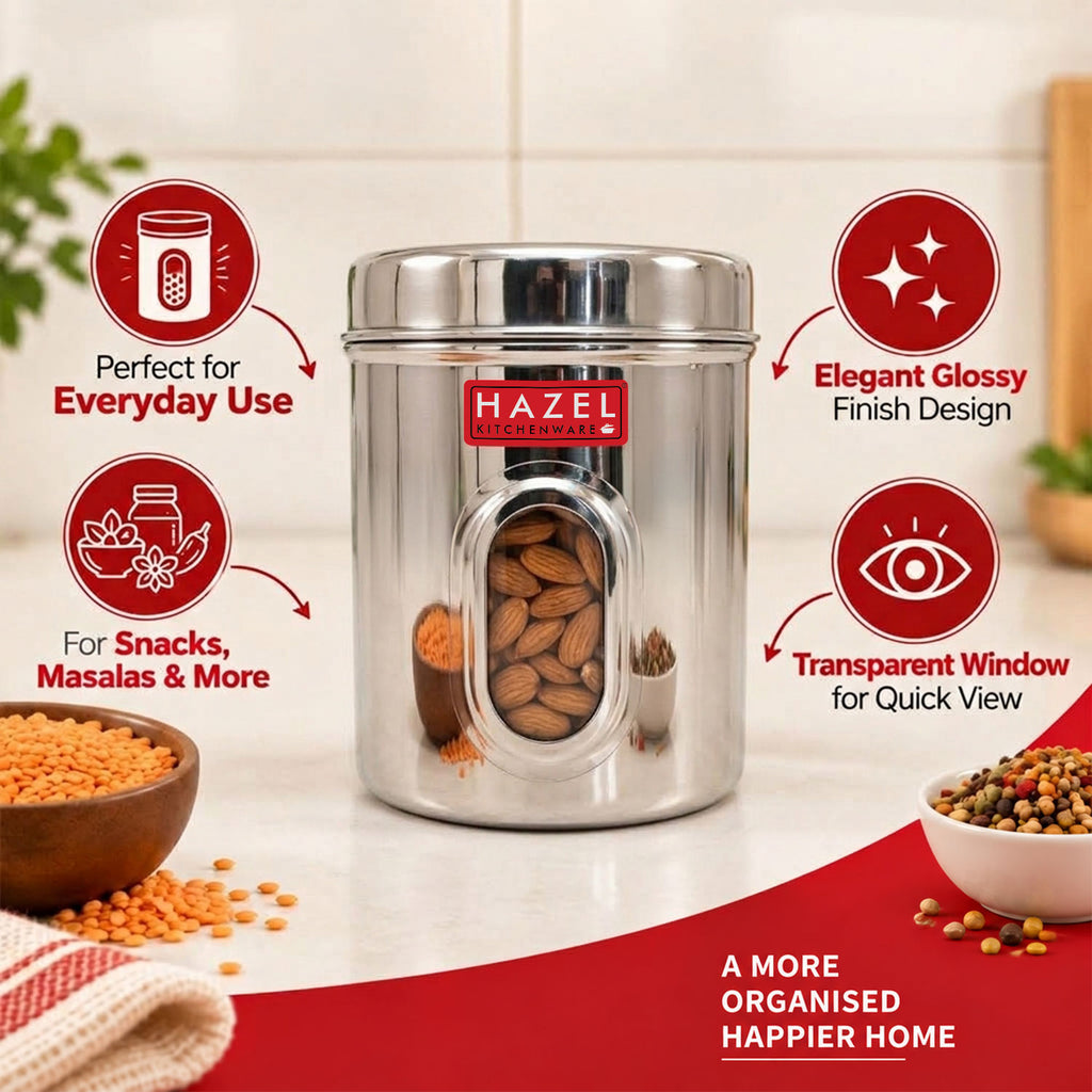 Stainless Steel Transparent Airtight Containers, Set of 6 - 900 ML Each