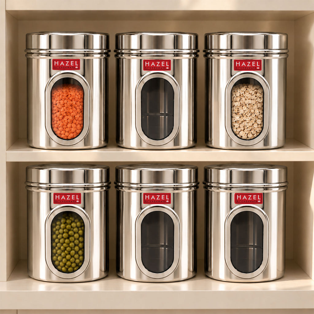 Stainless Steel Transparent Airtight Containers, Set of 6 - 900 ML Each