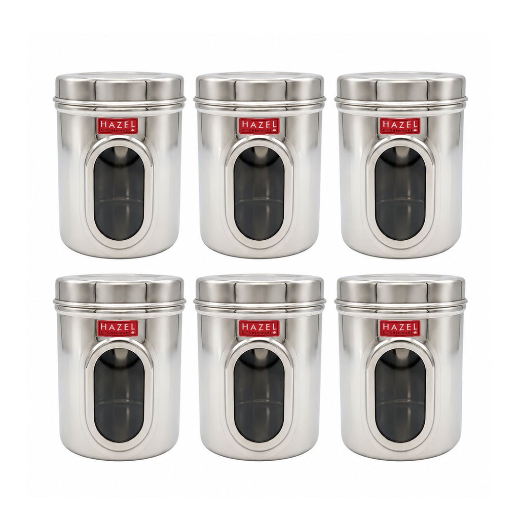Stainless Steel Transparent Airtight Containers, Set of 6 - 900 ML Each