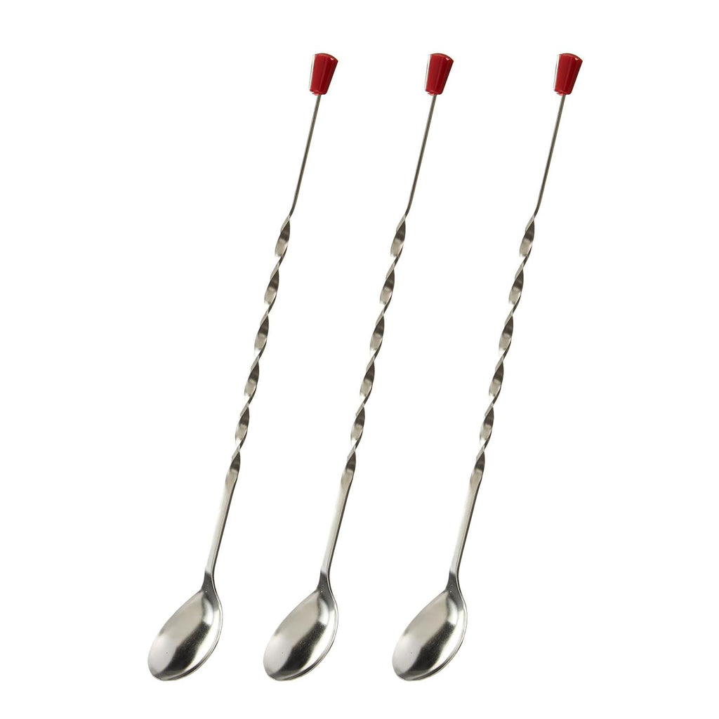 Stainless Steel Bar Spoon, Twisted Cocktail Stirrer with Red Knob, Set of 3