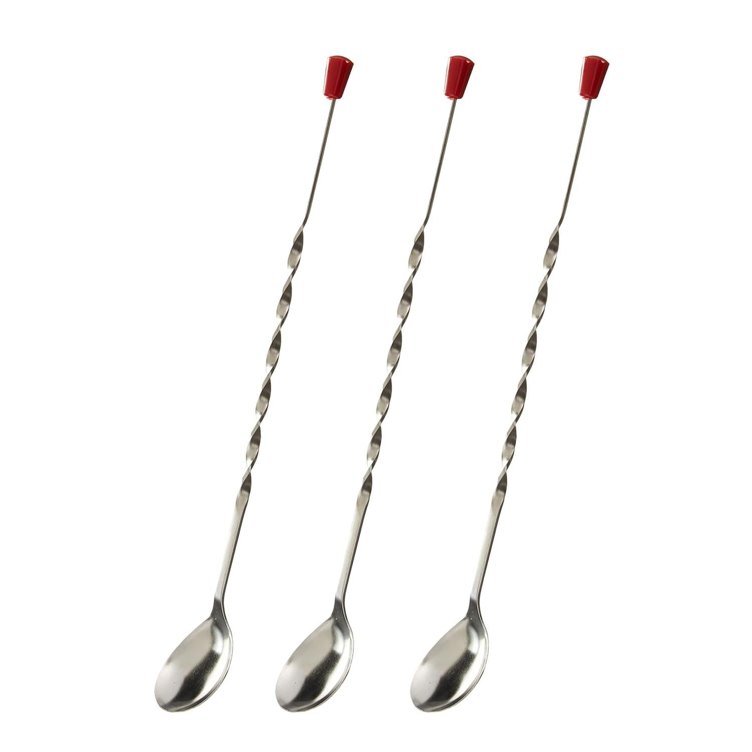 Stainless Steel Bar Spoon, Twisted Cocktail Stirrer with Red Knob, Set of 3