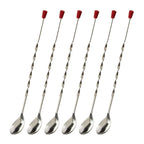 Stainless Steel Bar Spoon, Twisted Cocktail Stirrer with Red Knob, Set of 6
