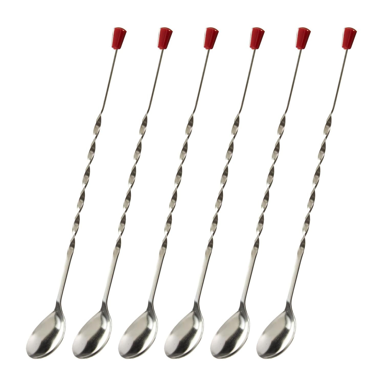 Stainless Steel Bar Spoon, Twisted Cocktail Stirrer with Red Knob, Set of 6
