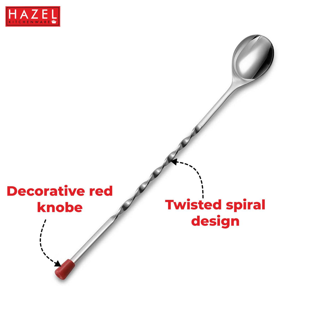 Stainless Steel Bar Spoon, Twisted Cocktail Stirrer with Red Knob, Set of 6