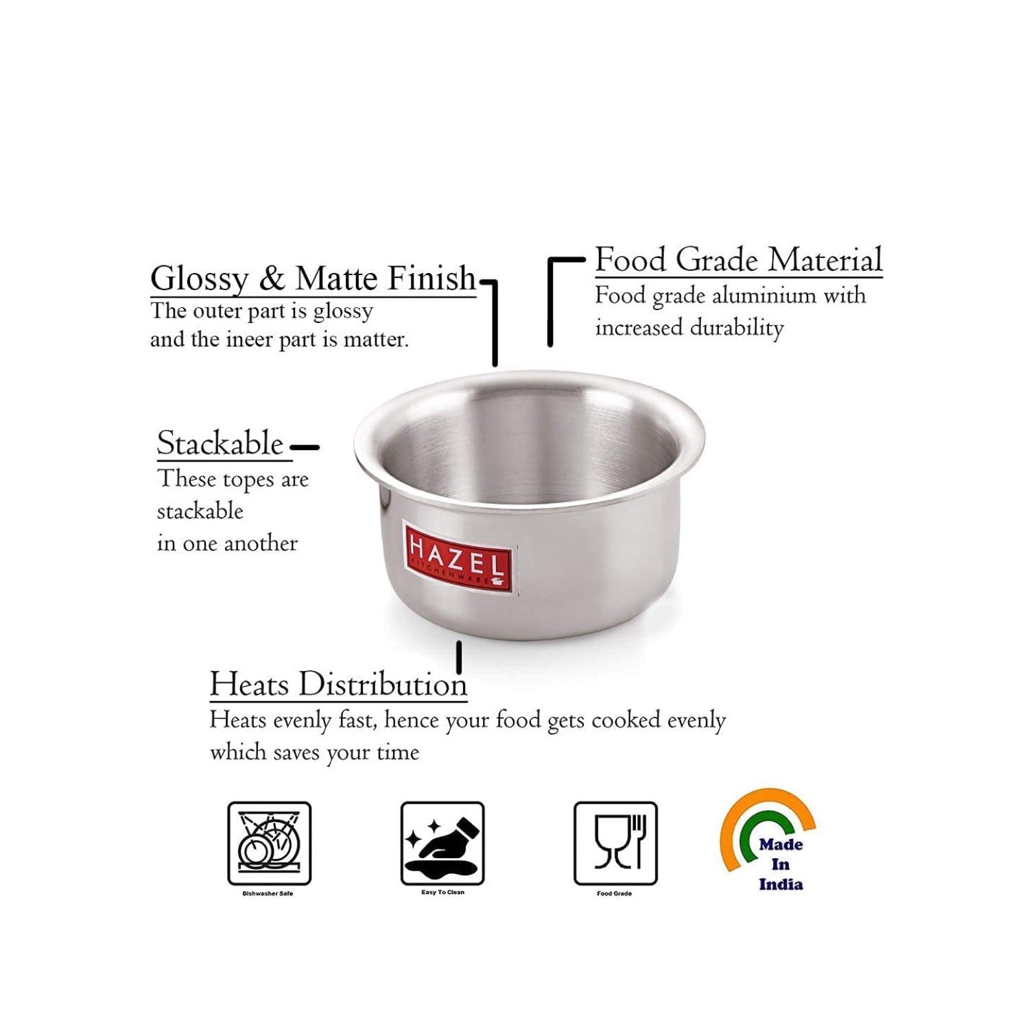 Aluminium Flat Bottom Patila Tope Pot, Set of 5, 875 ml-2600 ml, Silver