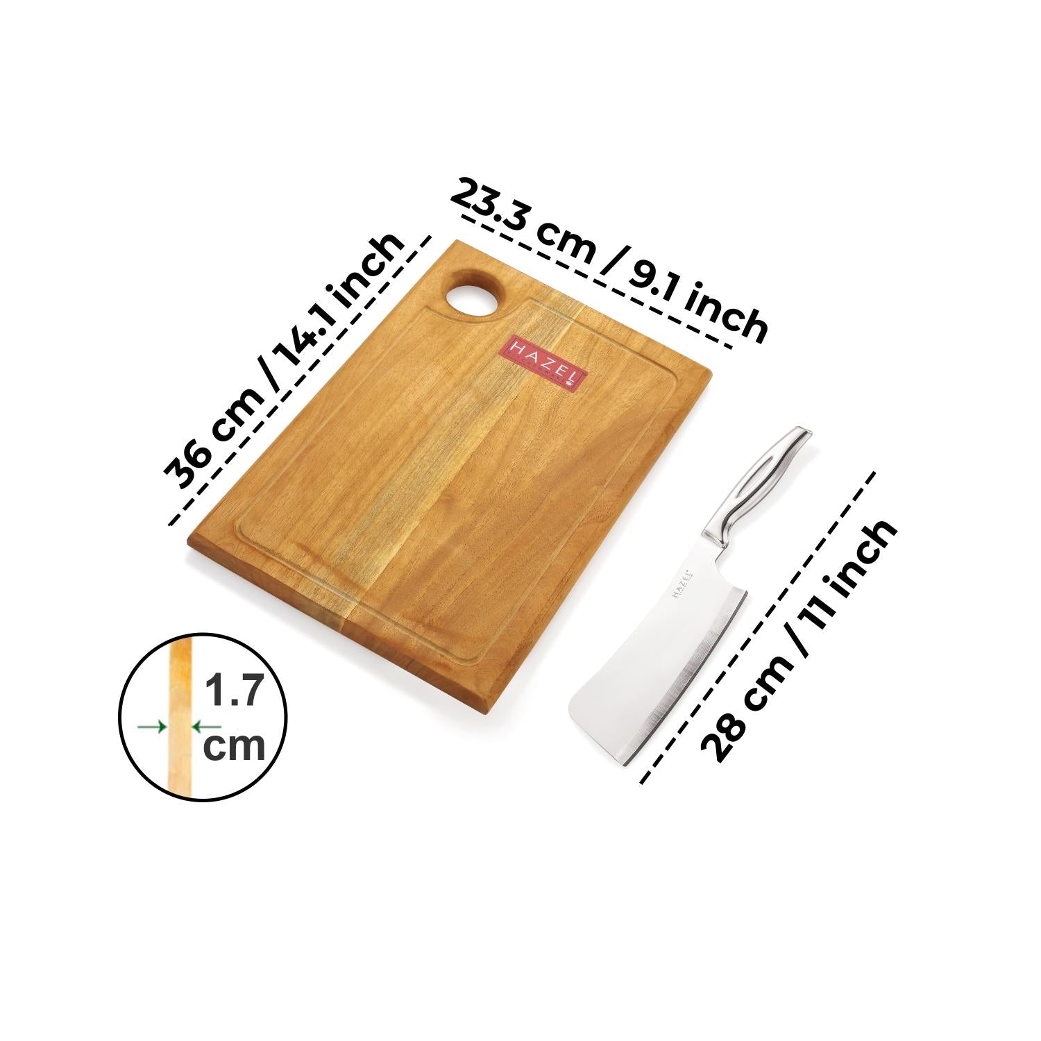 Wooden Chopping Board for Kitchen with Stainless Steel Chopper Sharp knife, Set of 2