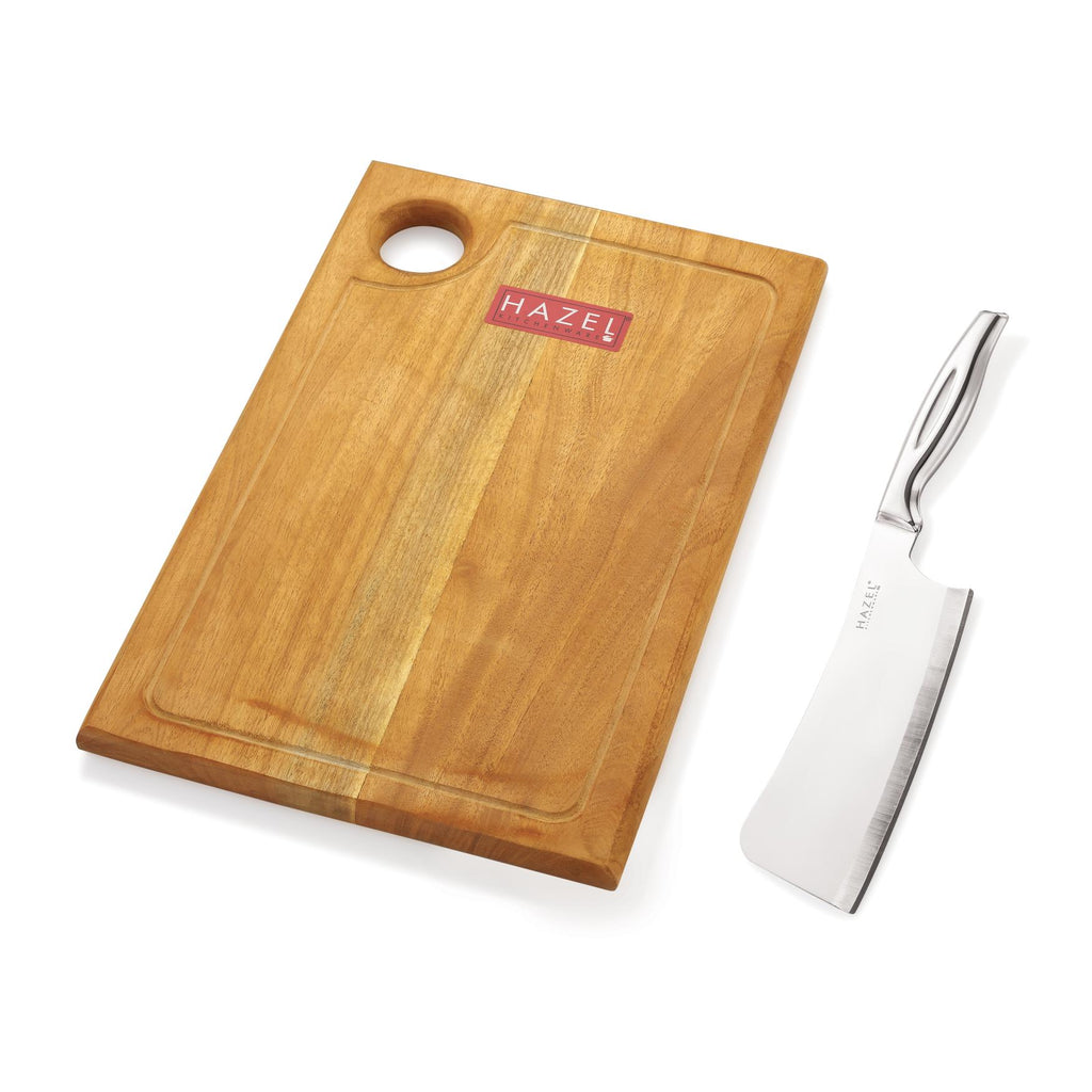 Wooden Chopping Board for Kitchen with Stainless Steel Chopper Sharp knife, Set of 2