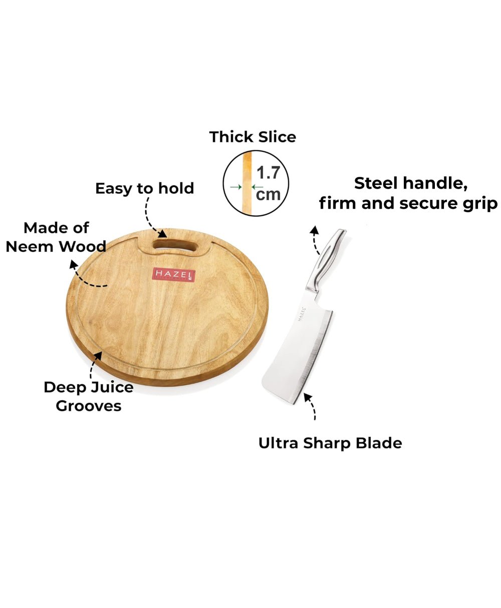Wooden Chopping Board with Stainless Steel Chopper Knife Set of 2