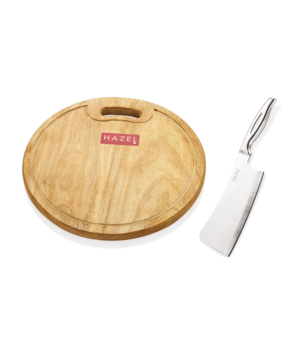 Wooden Chopping Board with Stainless Steel Chopper Knife Set of 2