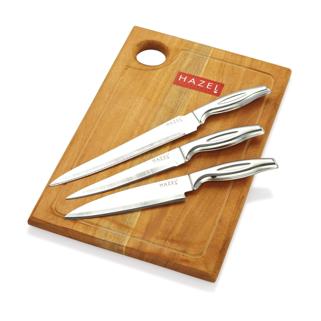 Stainless Steel Sharp Kitchen knife Set of 4|Chef, Paring, Carving Knife & Rect Chopping Board