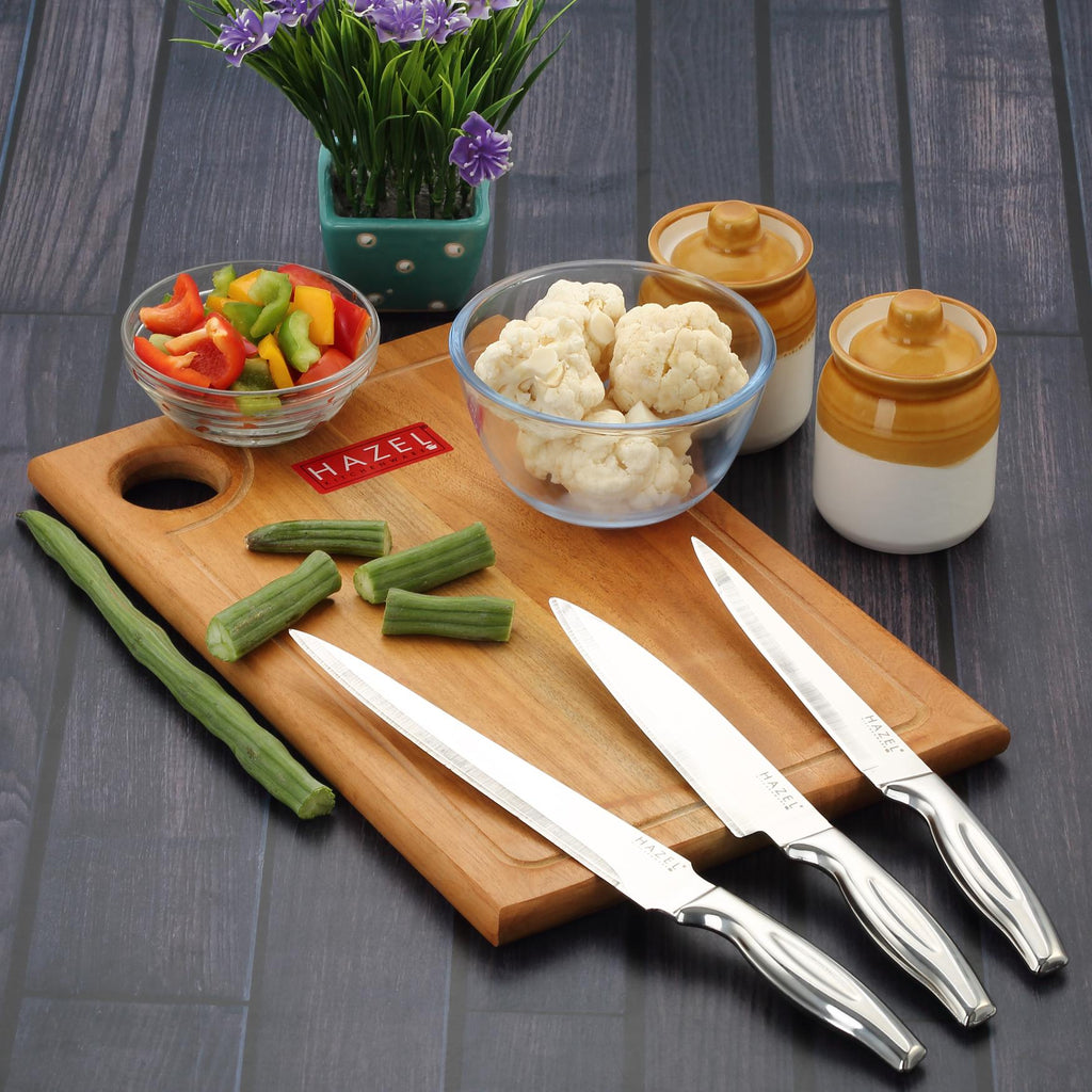 Stainless Steel Sharp Kitchen knife Set of 4|Chef, Paring, Carving Knife & Rect Chopping Board